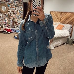 American eagle distressed denim button up